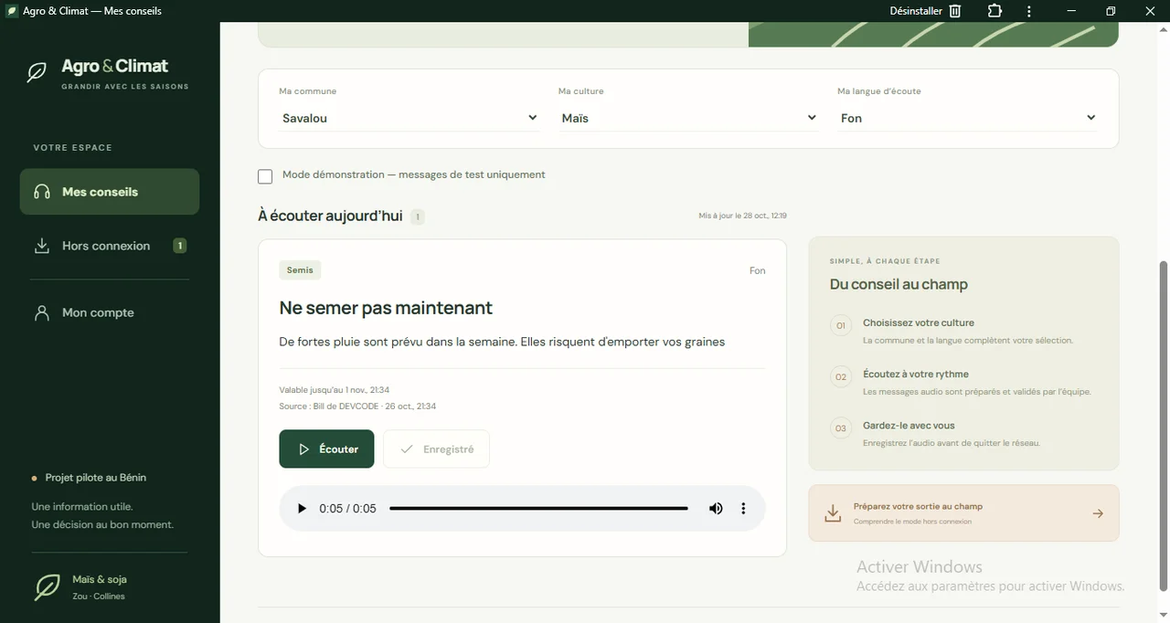 Agro & Climat : L’écoute d’un conseil audio dans l’interface pilote.