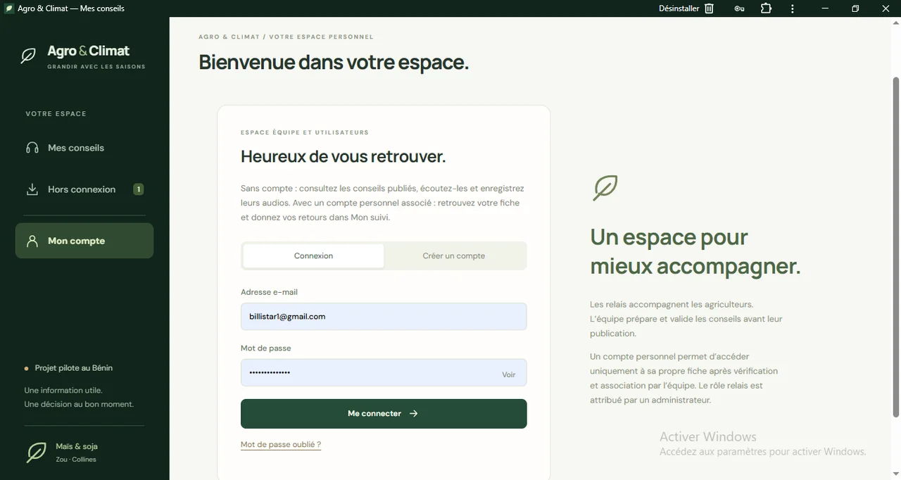 Agro & Climat : La connexion à un espace personnel.