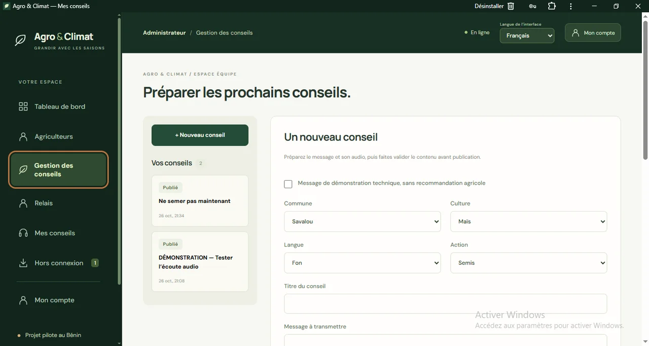 Agro & Climat : La préparation des conseils avant validation et publication.