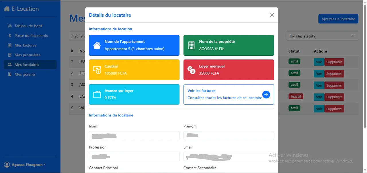 E-Location : La fiche d’un locataire et ses informations de location.