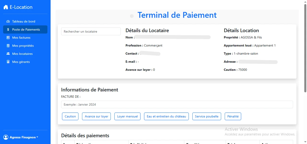 E-Location : Le terminal de paiement et les frais à régler.