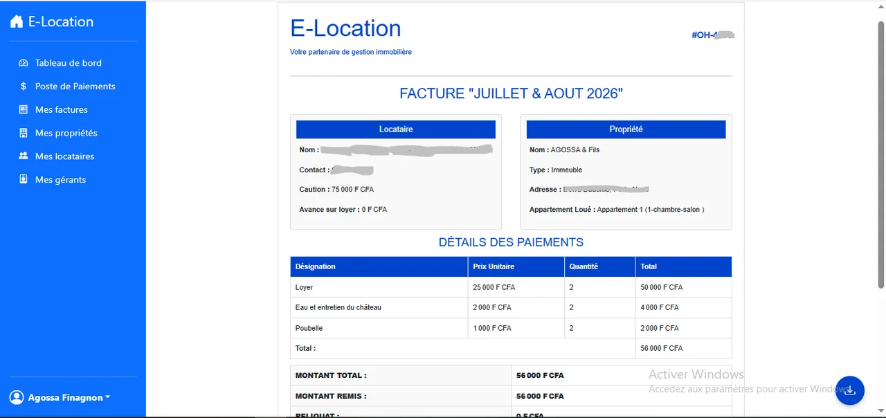 E-Location : La facture générée à partir des paiements.