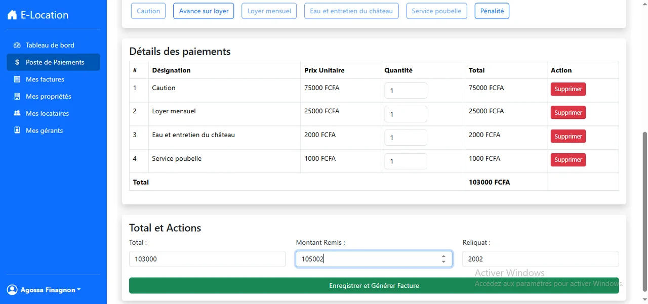E-Location : Le détail des frais et l’enregistrement du paiement.
