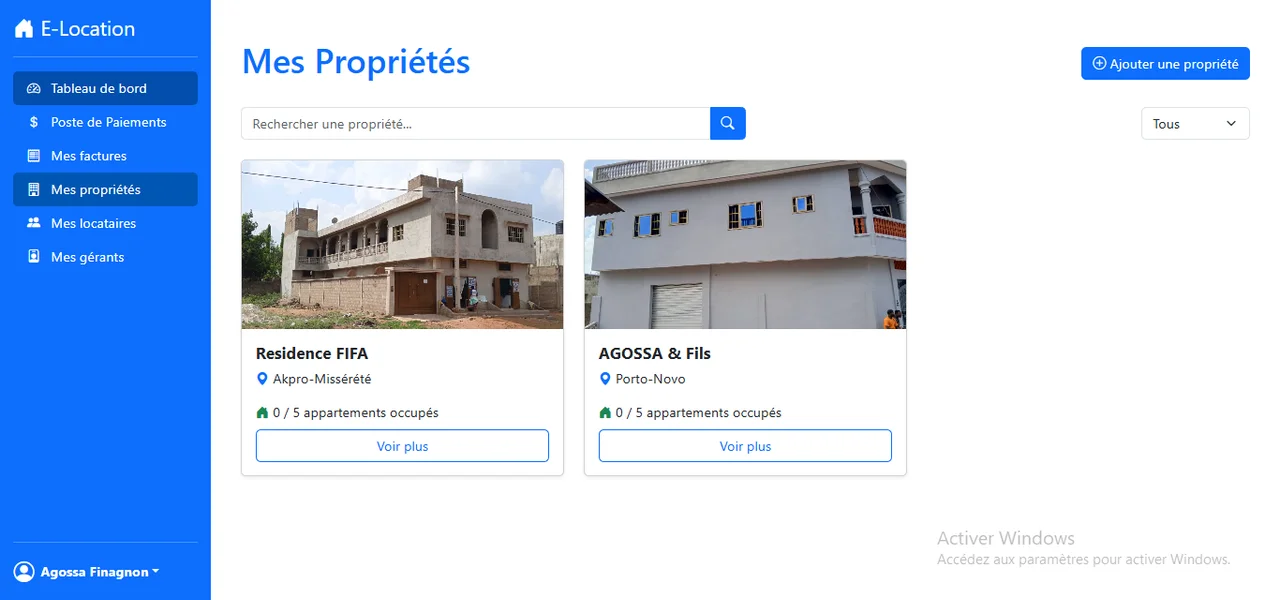 E-Location : La liste des propriétés et l’accès aux appartements.