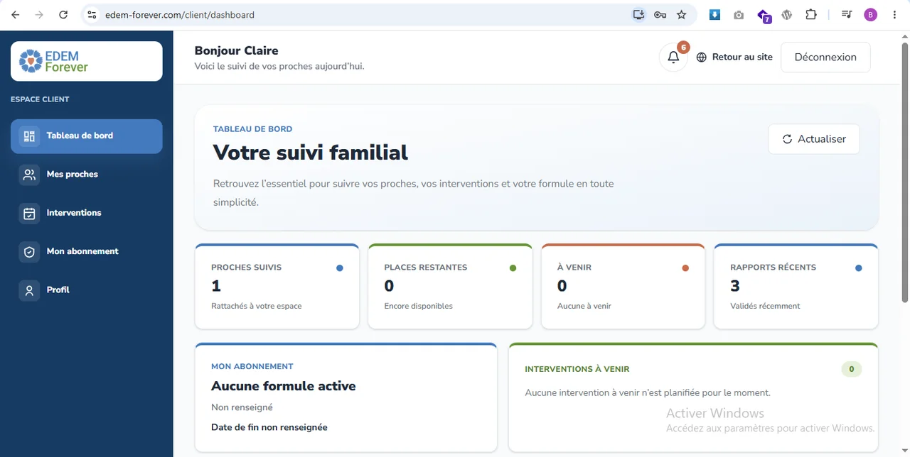 EDEM Forever : Le tableau de bord familial et le suivi des proches.