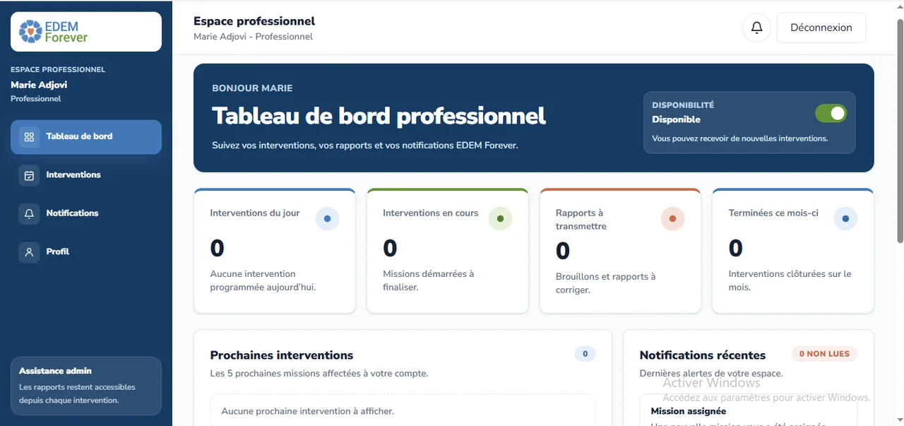 EDEM Forever : Le tableau de bord des professionnels.