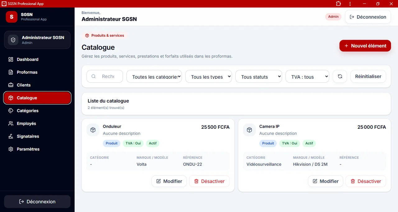 SGSN Proforma : Le catalogue de produits et de services.