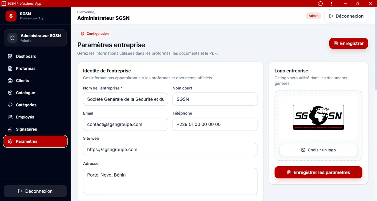 SGSN Proforma : Les paramètres de l’entreprise pour les documents.