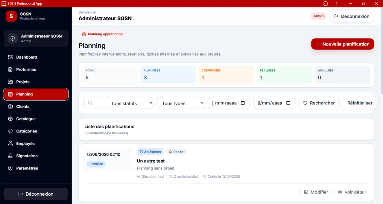 SGSN Proforma : Le planning opérationnel de l’entreprise.