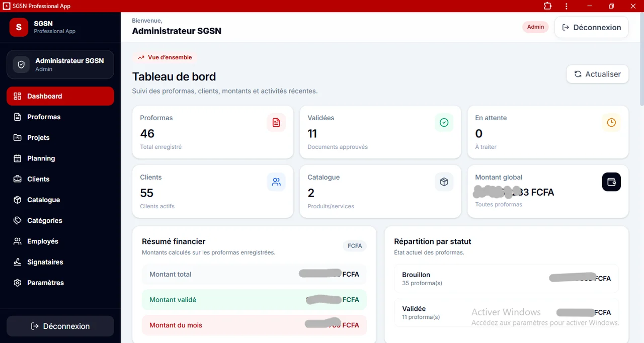 SGSN Proforma : Le tableau de bord du mini-ERP.