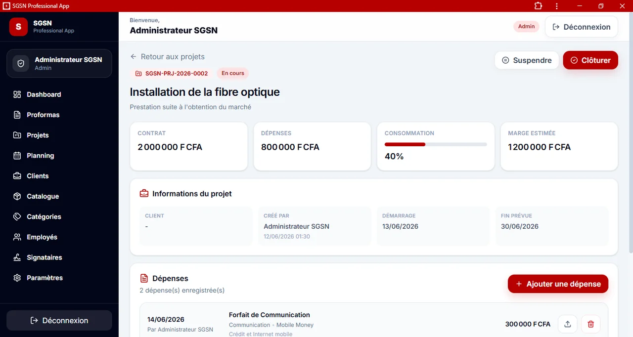 SGSN Proforma : Le détail d’un projet et son suivi budgétaire.