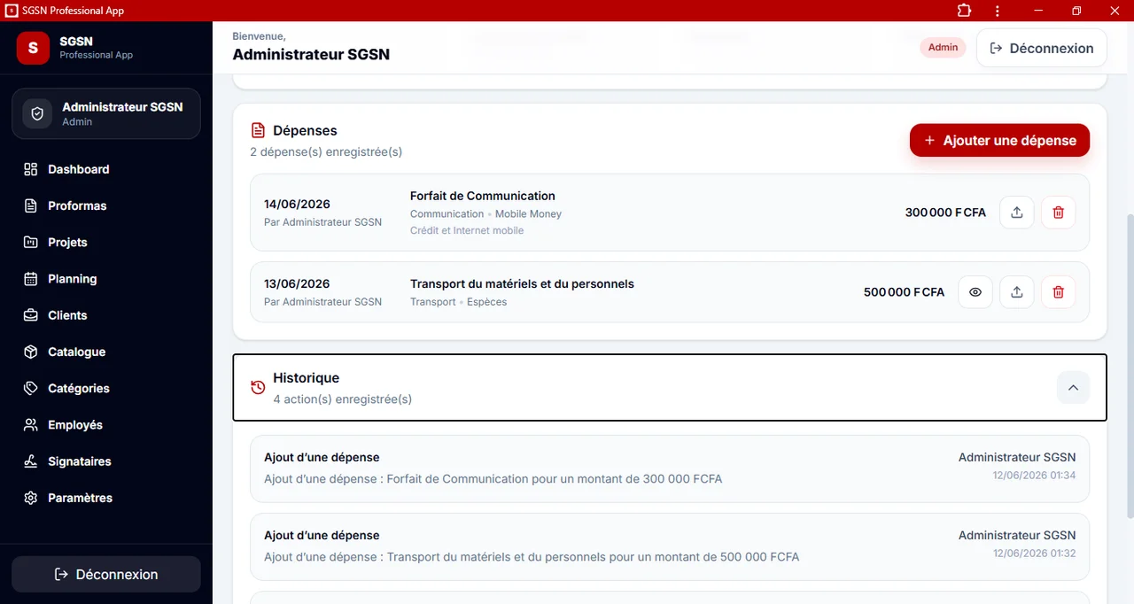 SGSN Proforma : Les dépenses d’un projet et l’historique des actions.