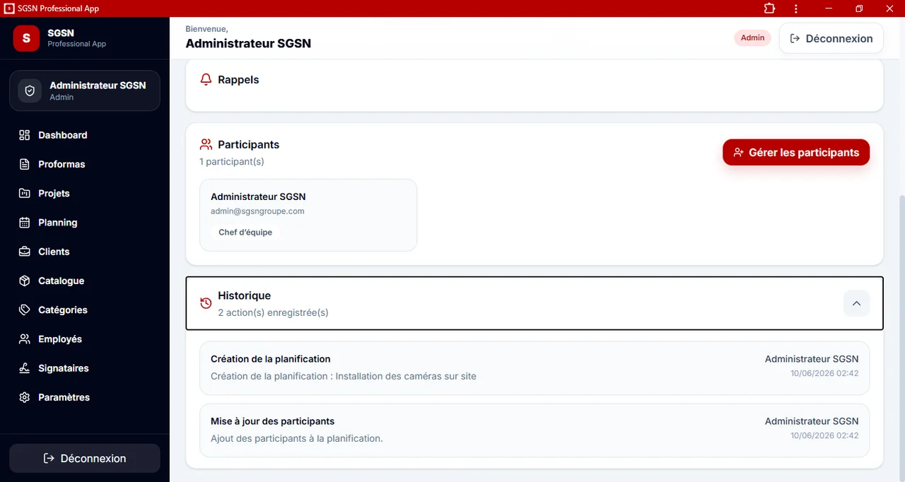 SGSN Proforma : Les rappels, participants et historique de planification.
